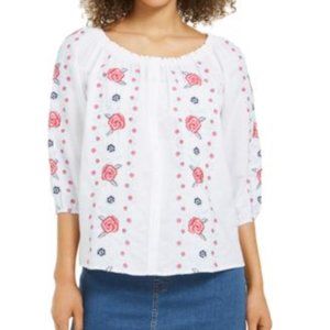 Charter Club White Blouse with Pink and Blue Floral Design